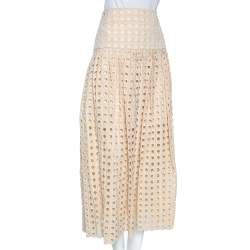 Pre Owned Chloe Beige Guipure Lace Pleated Midi Skirt S