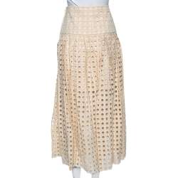 Pre Owned Chloe Beige Guipure Lace Pleated Midi Skirt S