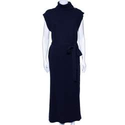 Pre Owned Chloe Blue Wool Turtleneck Side Button Detailed Belted Dress M