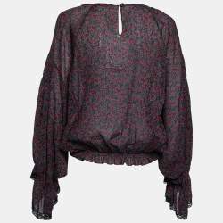 Pre Owned Chloe Black Printed Crinkled Cotton Lace Trim Detailed Top M