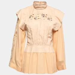 Chloe Beige Crepe & Linen Ruffled Blouse M