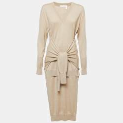 Pre Owned Chloe Seed Brown Wool V Neck Sweater Midi Dress S