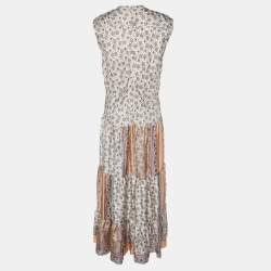 Pre Owned Chloe Beige Printed Silk Patchwork Detail Sleeveless Midi Dress L