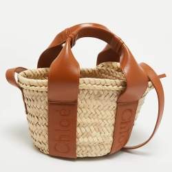 Chloé  Brown/Cream Woven Raffia and Leather Small Sense Basket Bag