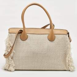 Pre Owned Chloe Cream/Tan Leather and Linen Fringe Edith Oversized Day Bag