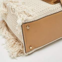 Pre Owned Chloe Cream/Tan Leather and Linen Fringe Edith Oversized Day Bag