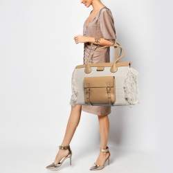 Pre Owned Chloe Cream/Tan Leather and Linen Fringe Edith Oversized Day Bag