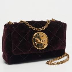 Pre Owned Chloé Burgundy Quilted Velvet Small Heritage Shoulder Bag