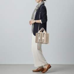 Pre Owned Chloé Woody Small Beige/Pink Canvas and Leather Tote