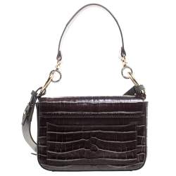 Pre Owned Chloe Two Tone Brown Croc Embossed Leather C Top Handle Bag