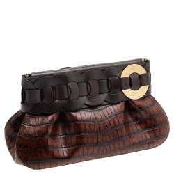 Pre Owned Chloe Brown Croc Embossed Leather Darryl Clutch