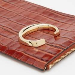 Pre Owned Chloe Tan Croc Embossed Leather C Logo Wristlet Pouch