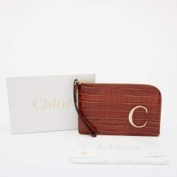 Pre Owned Chloe Tan Croc Embossed Leather C Logo Wristlet Pouch