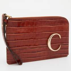 Pre Owned Chloe Tan Croc Embossed Leather C Logo Wristlet Pouch