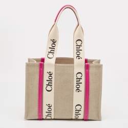 Pre Owned حقيبة يد توتس كلوي شوبر وودي كانفاس وردي/بيج متوسكة