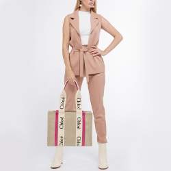 Pre Owned حقيبة يد توتس كلوي شوبر وودي كانفاس وردي/بيج متوسكة