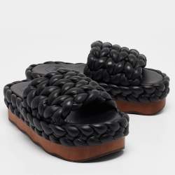 Chloe Black Leather Wavy Braided Flat Slides Size 38