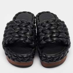 Chloe Black Leather Wavy Braided Flat Slides Size 38