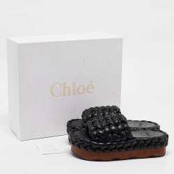 Chloe Black Leather Wavy Braided Flat Slides Size 38