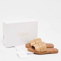 Chloe Light Brown Leather Logo Embroidered Woody Flat Slides Size 38