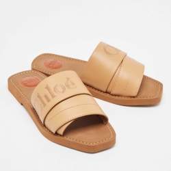 Chloe Light Brown Leather Logo Embroidered Woody Flat Slides Size 38