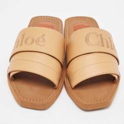 Chloe Light Brown Leather Logo Embroidered Woody Flat Slides Size 38