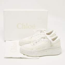 Chloe White Knit Fabric and Suede Nama Sneakers Size 39