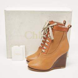 Chloe Brown Leather Lace Up Wedge Ankle Boots Size 37.5