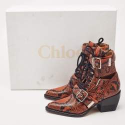 Chloe Brown Python Embossed Leather Rylee Ankle Boots Size 34.5