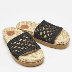 Chloe Black Woven Crochet Wavy Flat Slides Size 40