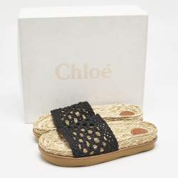 Chloe Black Woven Crochet Wavy Flat Slides Size 40