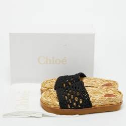 Pre Owned Chloe Black Woven Crochet Wavy Flat Slides Size 37