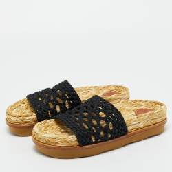 Pre Owned Chloe Black Woven Crochet Wavy Flat Slides Size 37