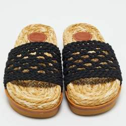 Pre Owned Chloe Black Woven Crochet Wavy Flat Slides Size 37