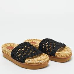 Pre Owned Chloe Black Woven Crochet Wavy Flat Slides Size 37