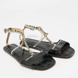 Pre Owned Chloe Multicolor Lizard Embossed and Croc Embossed Leather Ankle Strap Flats Size 38.5