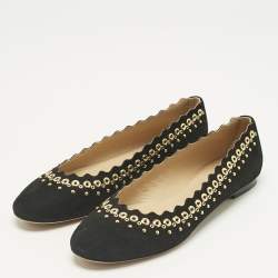 Pre Owned Chloe Black Suede Studded Scalloped Ballet Flats Size 38.5