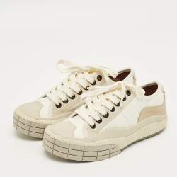 مملوكة مسبقًا حذاء رياضي كلوي كلينت قماش جلدي بيج وأبيض بعنق منخفض مقاس 35