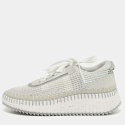 مملوكة مسبقًا Chloé Nama Size 36 Grey/White Knit Fabric and Suede Lace Up Sneakers