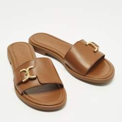 Pre Owned Chloe Marcie Size 38 Brown Leather Flat Slides