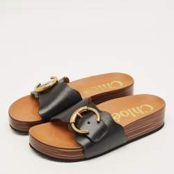 مملوكة مسبقًا Chloe Laurena Scalloped Size 39 Black Leather Slide Sandals          