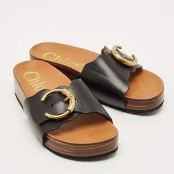 مملوكة مسبقًا Chloe Laurena Scalloped Size 39 Black Leather Slide Sandals          