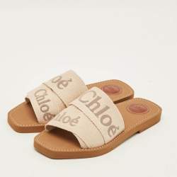 Pre Owned Chloé Woody Size 38 Beige Canvas Flat Slides