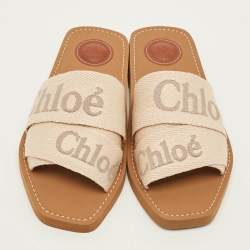 Pre Owned Chloé Woody Size 38 Beige Canvas Flat Slides
