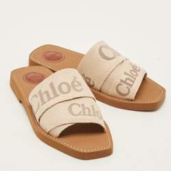 Pre Owned Chloé Woody Size 38 Beige Canvas Flat Slides