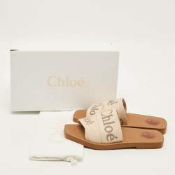 Pre Owned Chloé Woody Size 38 Beige Canvas Flat Slides
