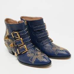 مملوكة مسبقًا Chloe Susanna Size 39.5 Navy Blue Leather Ankle Length Boots