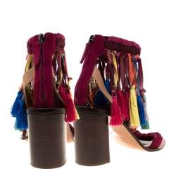 Pre Owned Chloe Multicolor Leather And Suede Tassel Detail Block Heel Sandals Size 36