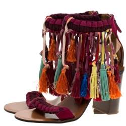 Pre Owned Chloe Multicolor Leather And Suede Tassel Detail Block Heel Sandals Size 36