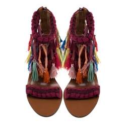 Pre Owned Chloe Multicolor Leather And Suede Tassel Detail Block Heel Sandals Size 36